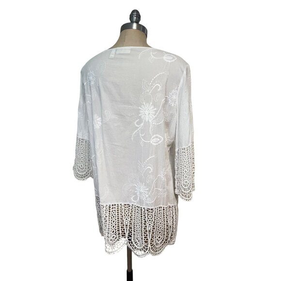 Chicos White Lace-Trim Tunic Top Size 2 Large 100% Cotton Embroidered - Picture 4 of 6